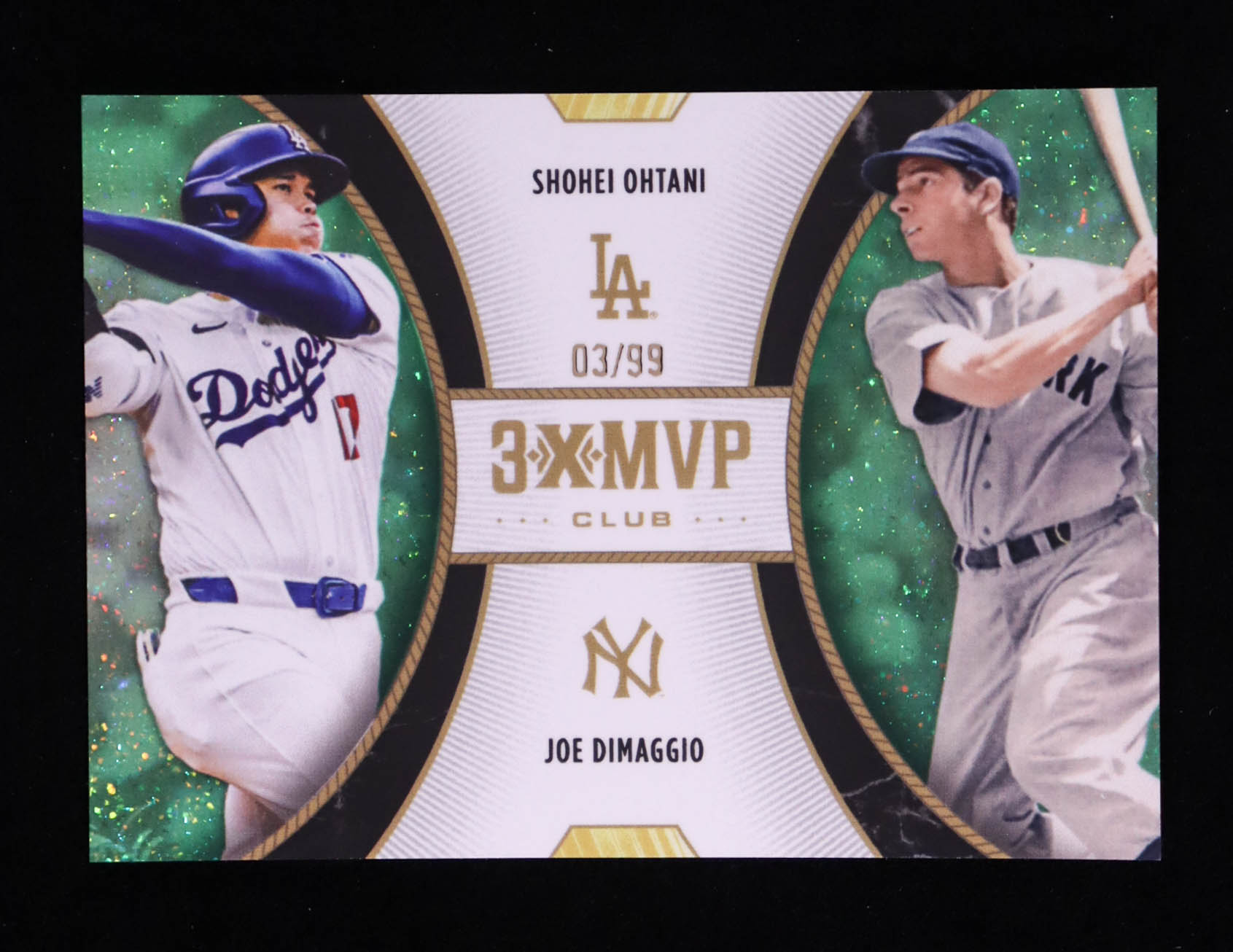 Shohei Ohtani / Joe DiMaggio 2025 Topps Welcome to the Club 3X MVP Dual 3X MVP Green Starburst Foil #D10 #03/99 at PristineAuction.com Shohei Ohtani / Joe DiMaggio 2025 Topps Welcome to the Club 3X MVP Dual 3X MVP Green Starburst Foil #D10 #03/99 at PristineAuction.com