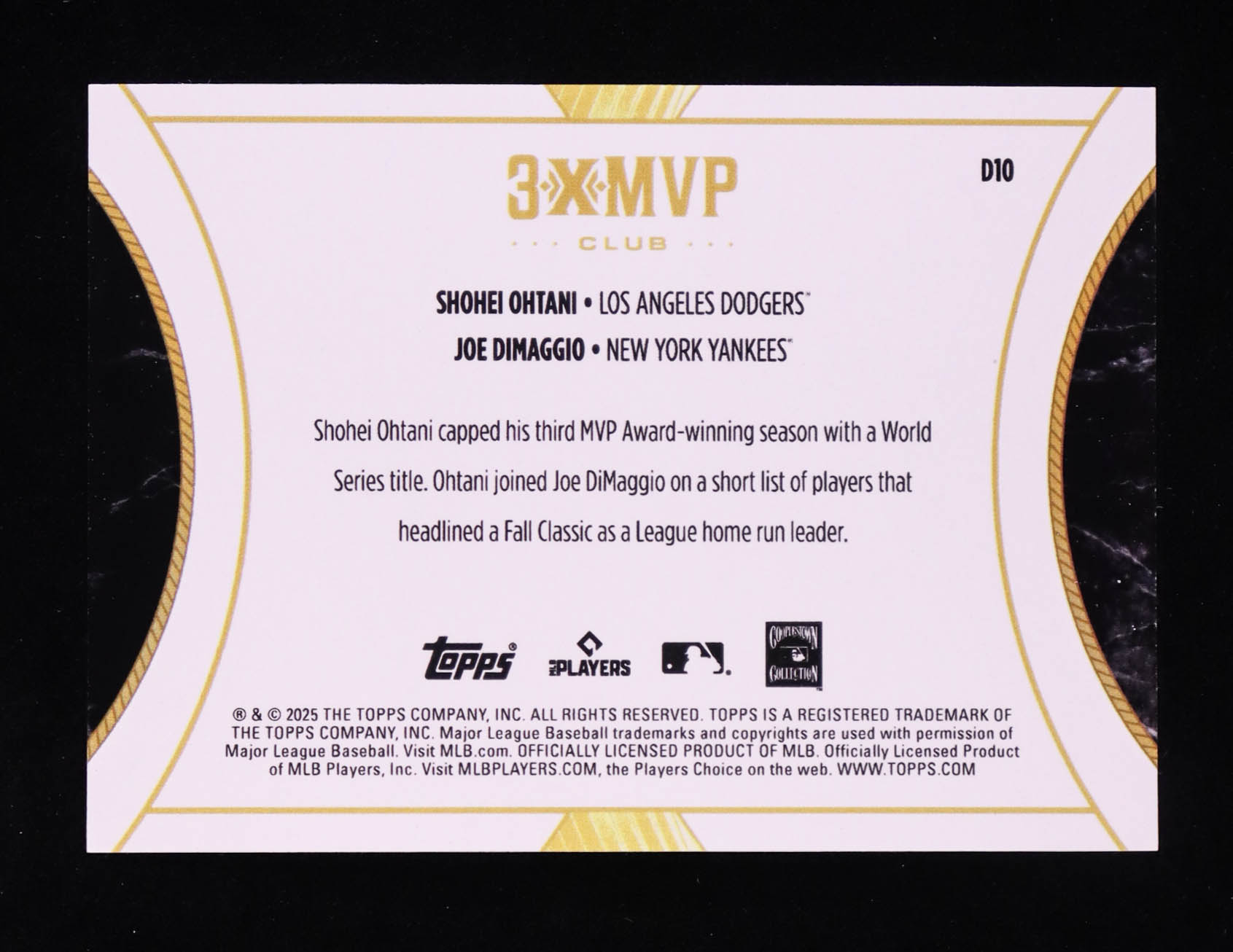 Shohei Ohtani / Joe DiMaggio 2025 Topps Welcome to the Club 3X MVP Dual 3X MVP Green Starburst Foil #D10 #03/99 at PristineAuction.com Shohei Ohtani / Joe DiMaggio 2025 Topps Welcome to the Club 3X MVP Dual 3X MVP Green Starburst Foil #D10 #03/99 at PristineAuction.com