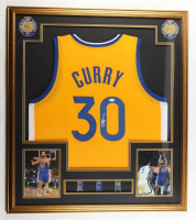 Stephen Curry Signed Custom Framed Jersey Display with (3) Finals Pins (JSA) at PristineAuction.com