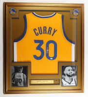 Stephen Curry Signed Custom Framed Jersey Display with Larry O'Brien Trophy Pin & Stat Plaque (JSA) at PristineAuction.com