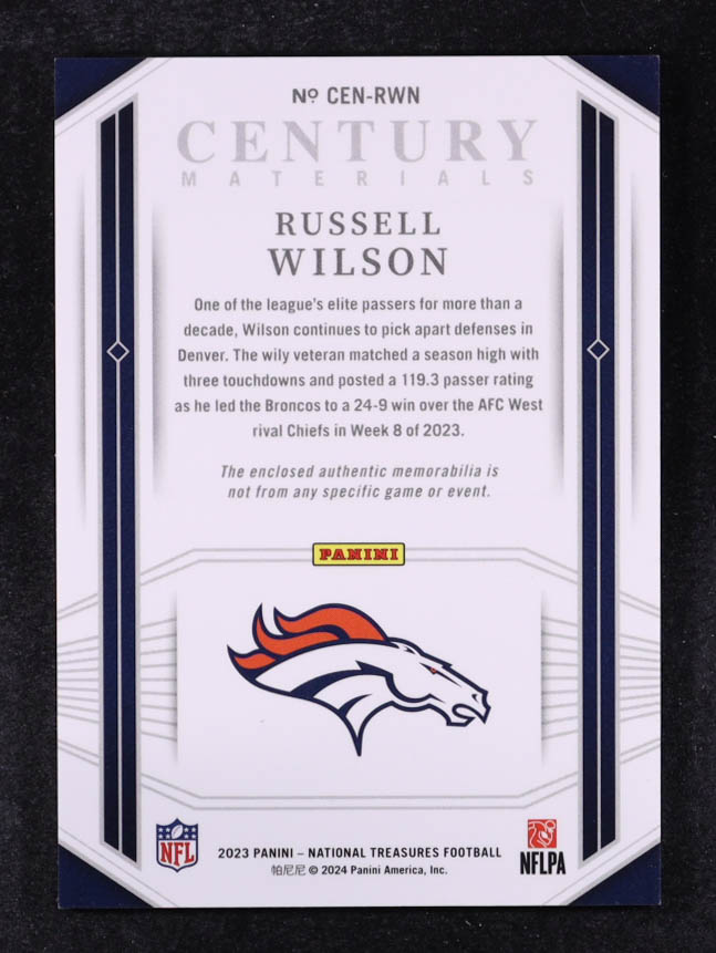 Russell Wilson 2023 Panini National Treasures Century Materials Holo Silver #86 #10/25 at PristineAuction.com Russell Wilson 2023 Panini National Treasures Century Materials Holo Silver #86 #10/25 at PristineAuction.com
