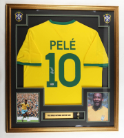 Pele Signed Custom Framed Jersey Display with Team Brazil Logo Pin & Stat Plaque (Beckett) at PristineAuction.com