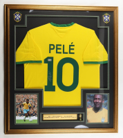 Pele Signed Custom Framed Jersey Display with Team Brazil Logo Pin & Stat Plaque (Beckett) at PristineAuction.com