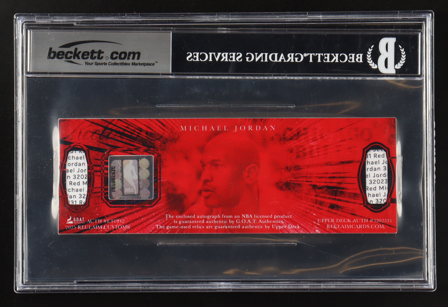 Michael Jordan Signed 2025 GOAT Authentics Reclaim Card with (2) Game-Used Swatches 1/1 (GOAT & BGS | Autograph Grade 10) at PristineAuction.com Michael Jordan Signed 2025 GOAT Authentics Reclaim Card with (2) Game-Used Swatches 1/1 (GOAT & BGS | Autograph Grade 10) at PristineAuction.com