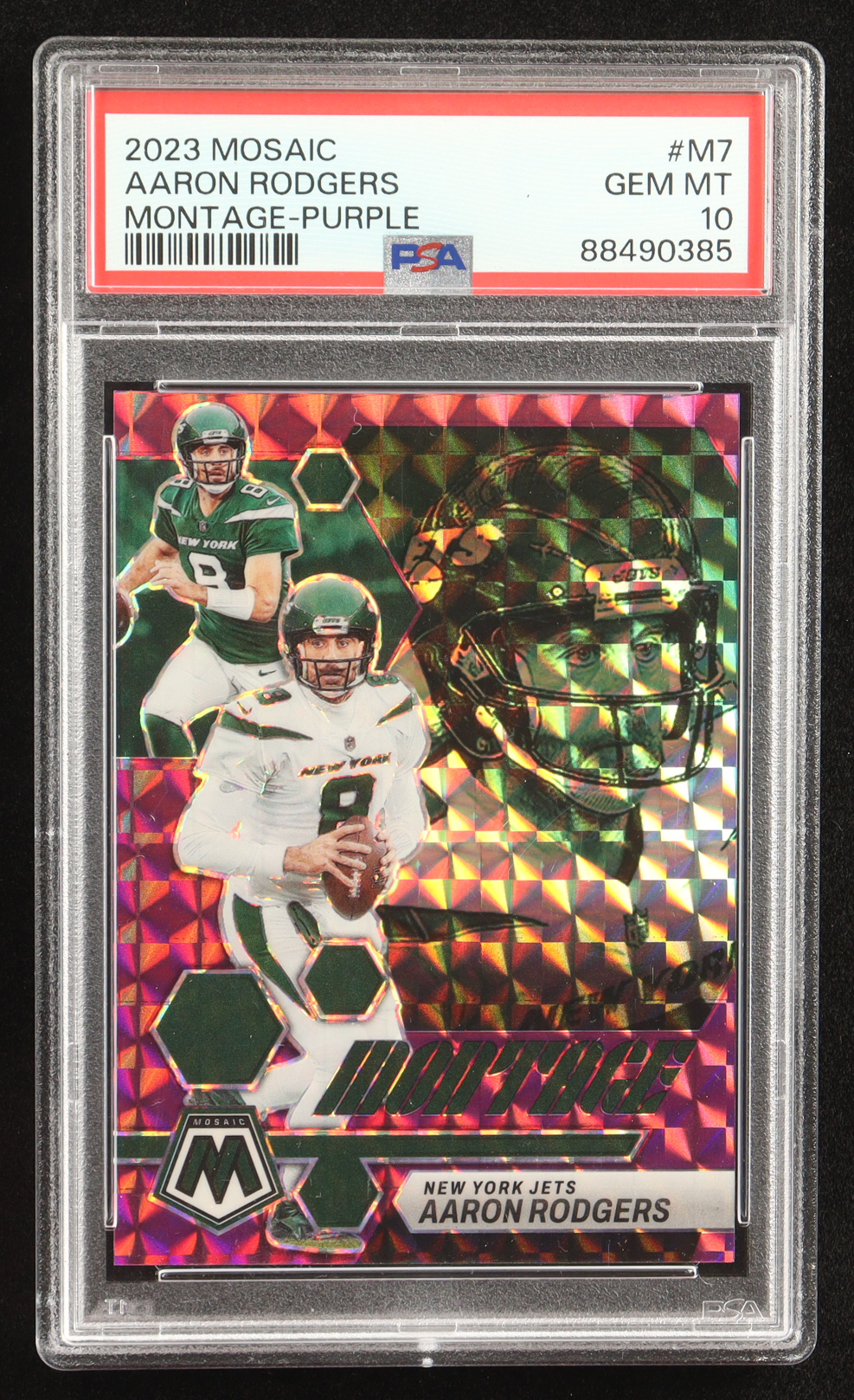 Aaron Rodgers 2023 Panini Mosaic Montage Mosaic Purple #7 #40/49 (PSA 10) at PristineAuction.com Aaron Rodgers 2023 Panini Mosaic Montage Mosaic Purple #7 #40/49 (PSA 10) at PristineAuction.com