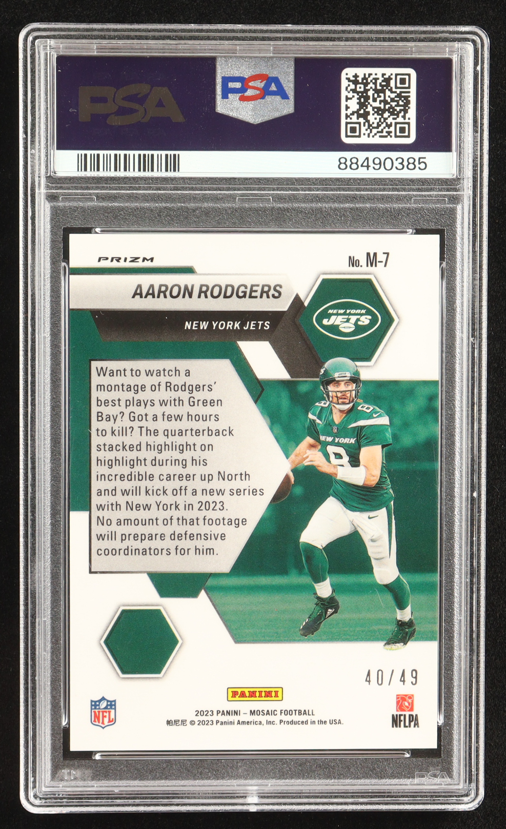 Aaron Rodgers 2023 Panini Mosaic Montage Mosaic Purple #7 #40/49 (PSA 10) at PristineAuction.com Aaron Rodgers 2023 Panini Mosaic Montage Mosaic Purple #7 #40/49 (PSA 10) at PristineAuction.com