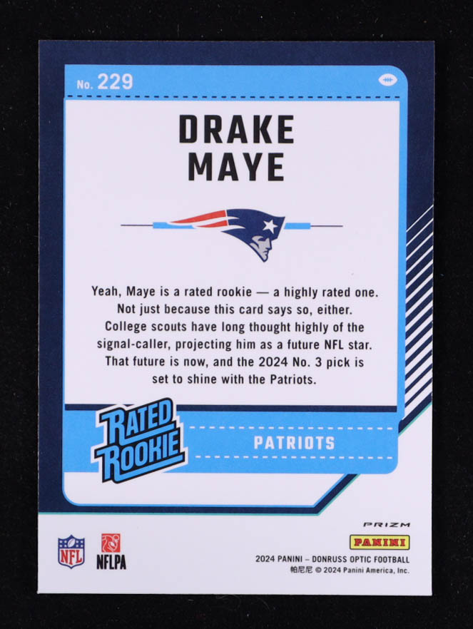 Drake Maye 2024 Donruss Optic Purple Shock #229 RR RC at PristineAuction.com Drake Maye 2024 Donruss Optic Purple Shock #229 RR RC at PristineAuction.com