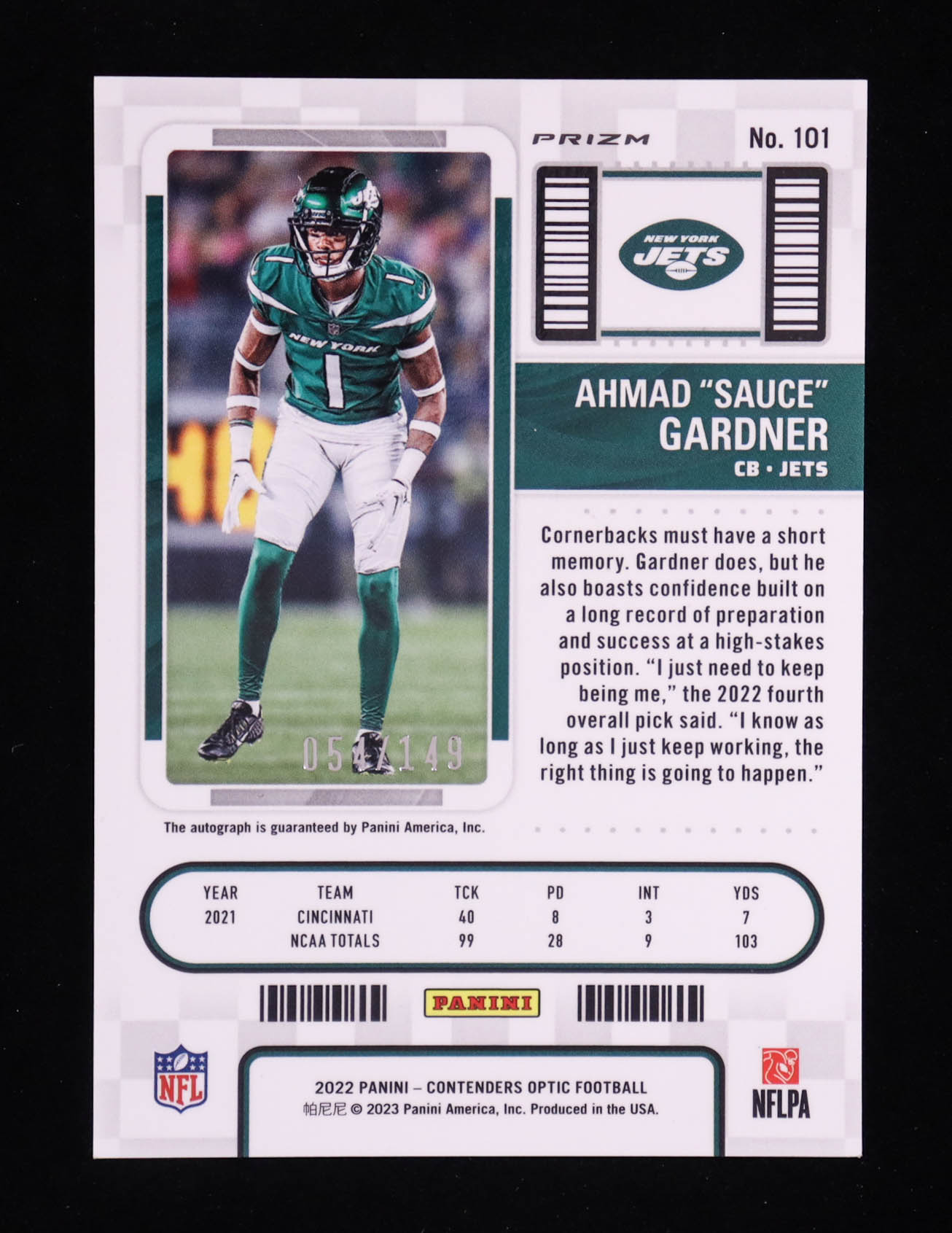 Ahmad Gardner 2022 Panini Contenders Optic Red #101A Autograph #054/149 RC at PristineAuction.com Ahmad Gardner 2022 Panini Contenders Optic Red #101A Autograph #054/149 RC at PristineAuction.com