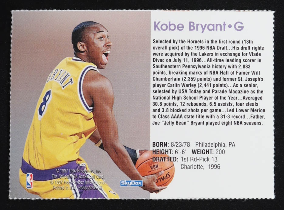Kobe Bryant 1996-97 Hoops Sheets #1H RC at PristineAuction.com Kobe Bryant 1996-97 Hoops Sheets #1H RC at PristineAuction.com