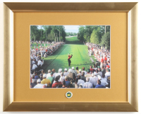 "Tiger Woods on the 18th Tee at The Masters" Custom Framed Photo Display with 2001 Masters Pin at PristineAuction.com