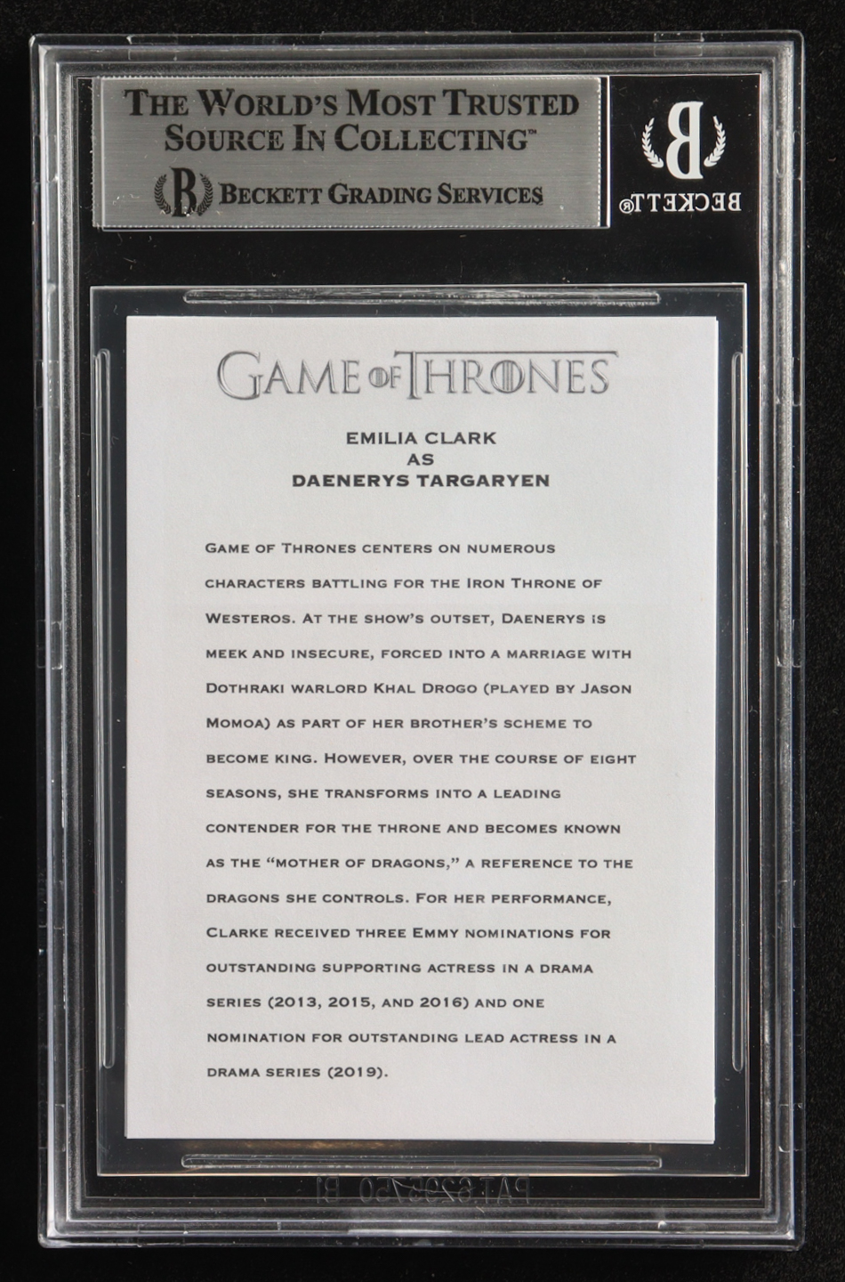Emilia Clarke Signed Custom Game Of Thrones Trading Card (BGS) at PristineAuction.com Emilia Clarke Signed Custom Game Of Thrones Trading Card (BGS) at PristineAuction.com
