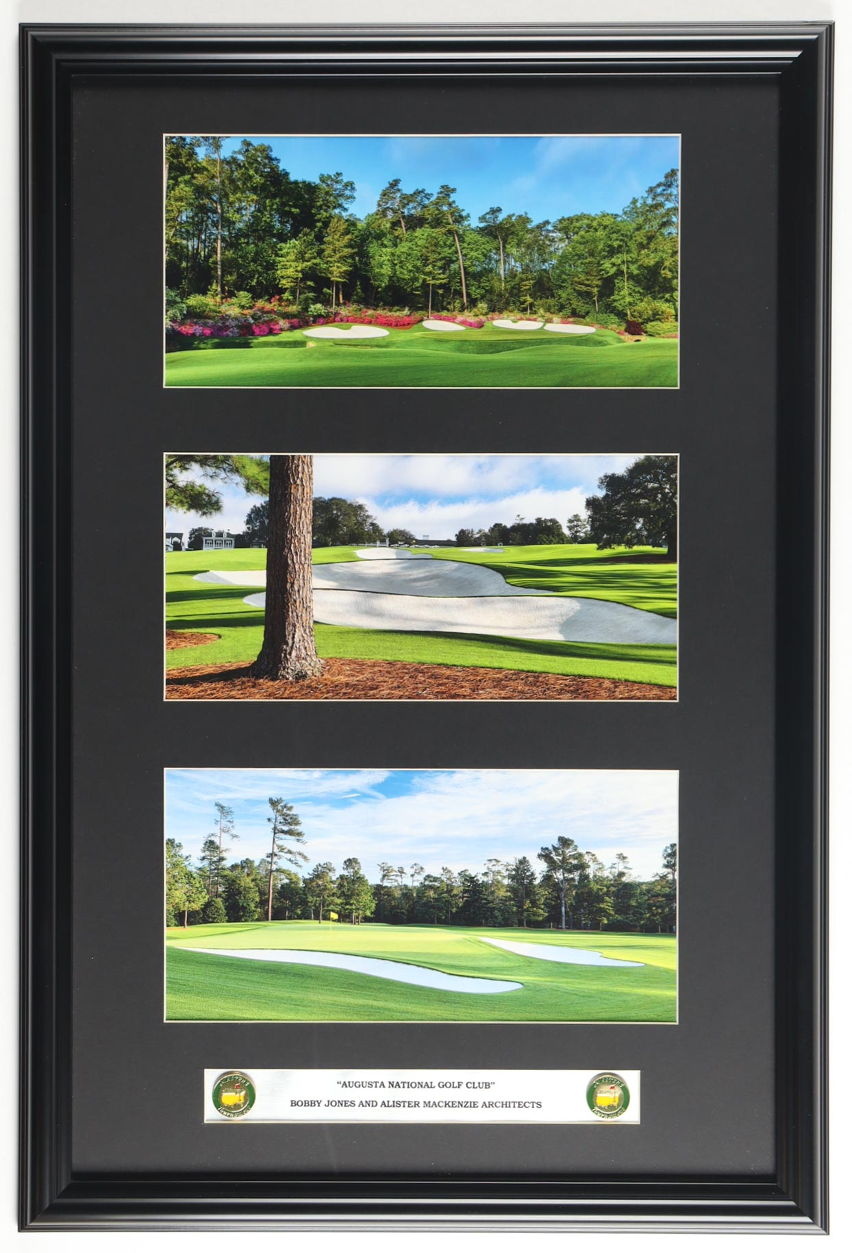 "Augusta National Golf Course" Custom Framed Photo Display with (2) Masters Pins & Title Plaque at PristineAuction.com "Augusta National Golf Course" Custom Framed Photo Display with (2) Masters Pins & Title Plaque at PristineAuction.com