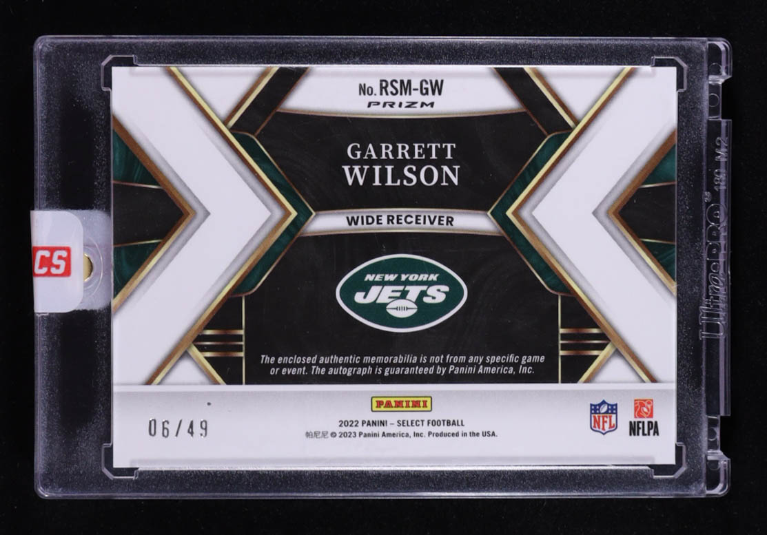 Garrett Wilson 2022 Select Rookie Signature Memorabilia Prizm Purple #7 #06/49 RC at PristineAuction.com Garrett Wilson 2022 Select Rookie Signature Memorabilia Prizm Purple #7 #06/49 RC at PristineAuction.com