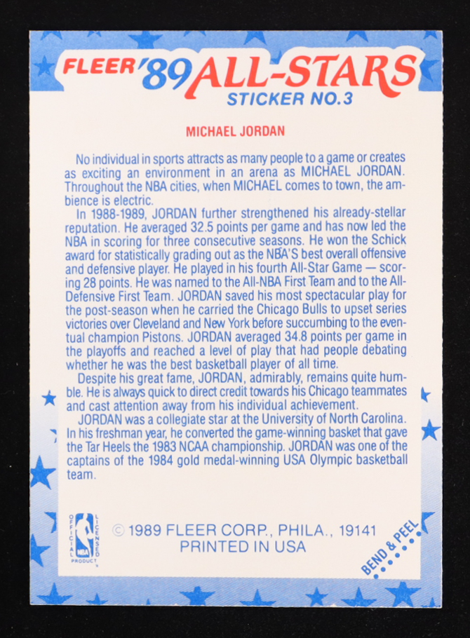 Michael Jordan 1989 Fleer Sticker All Stars #3 at PristineAuction.com Michael Jordan 1989 Fleer Sticker All Stars #3 at PristineAuction.com