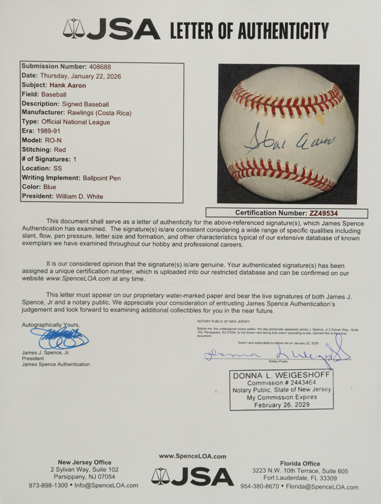 Hank Aaron Signed ONL Baseball (JSA) at PristineAuction.com Hank Aaron Signed ONL Baseball (JSA) at PristineAuction.com