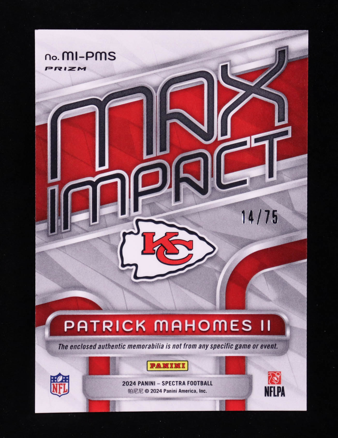 Patrick Mahomes II 2024 Panini Spectra Max Impact Materials Hyper #1 #14/75 at PristineAuction.com Patrick Mahomes II 2024 Panini Spectra Max Impact Materials Hyper #1 #14/75 at PristineAuction.com