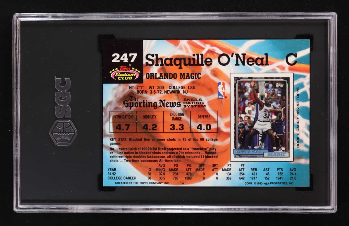Shaquille O'Neal 1992-93 Stadium Club #247 RC (SGC 9.5) at PristineAuction.com Shaquille O'Neal 1992-93 Stadium Club #247 RC (SGC 9.5) at PristineAuction.com