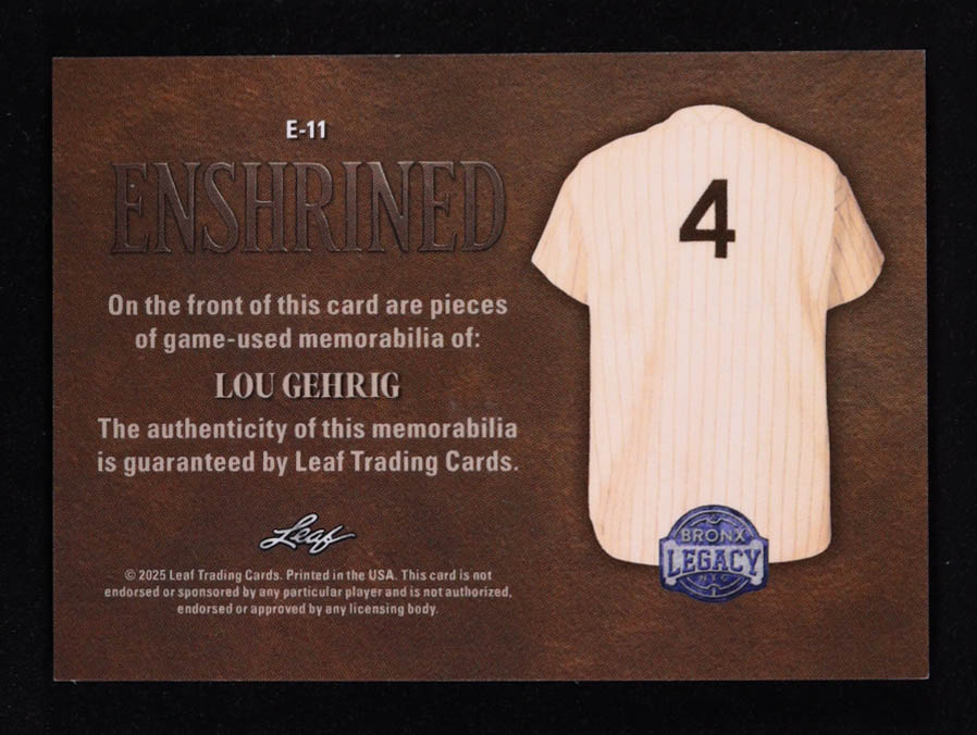 Lou Gehrig 2025 Leaf A Bronx Legacy Enshrined Memorabilia Silver Sparkle #E11 #4/4 at PristineAuction.com Lou Gehrig 2025 Leaf A Bronx Legacy Enshrined Memorabilia Silver Sparkle #E11 #4/4 at PristineAuction.com