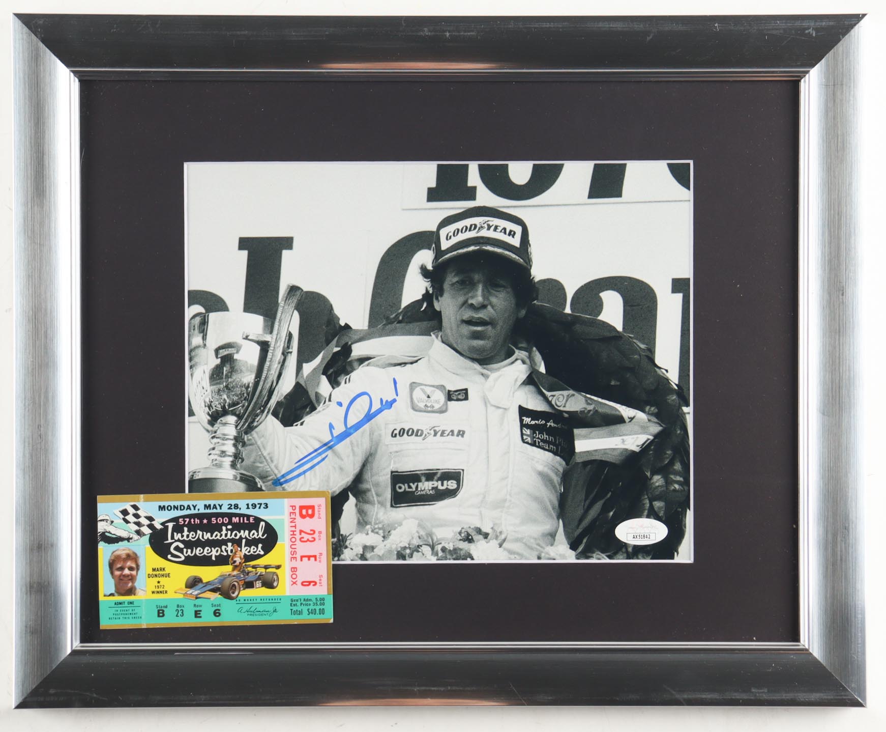 Mario Andretti Signed Custom Framed Photo Display with 1973 Indianapolis 500 VIP Ticket (JSA) at PristineAuction.com Mario Andretti Signed Custom Framed Photo Display with 1973 Indianapolis 500 VIP Ticket (JSA) at PristineAuction.com