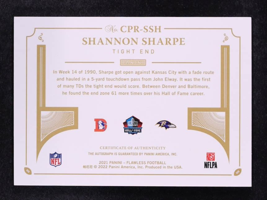 Shannon Sharpe 2021 Panini Flawless Career Progressions Autographs Ruby #12 #9/10 at PristineAuction.com Shannon Sharpe 2021 Panini Flawless Career Progressions Autographs Ruby #12 #9/10 at PristineAuction.com