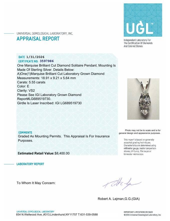 5.55 Carats Lab Grown Diamond Pendant E, VS2 | Estimated Retail Value: $8,400 (UGL & IGI Certs) | Brand New at PristineAuction.com 5.55 Carats Lab Grown Diamond Pendant E, VS2 | Estimated Retail Value: $8,400 (UGL & IGI Certs) | Brand New at PristineAuction.com