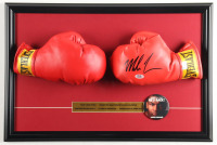 Mike Tyson Signed Custom Framed Set of (2) Everlast Boxing Gloves with Original 1995 MGM Fight Pin & Stat Plaque (Tyson & PSA) at PristineAuction.com