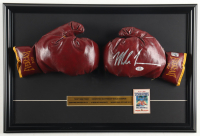 Mike Tyson Signed Vintage Custom Framed Set of (2) 1970 Everlast Boxing Gloves with 1988 Trump Plaza Fight Pin & Stat Plaque (Tyson & PSA) at PristineAuction.com