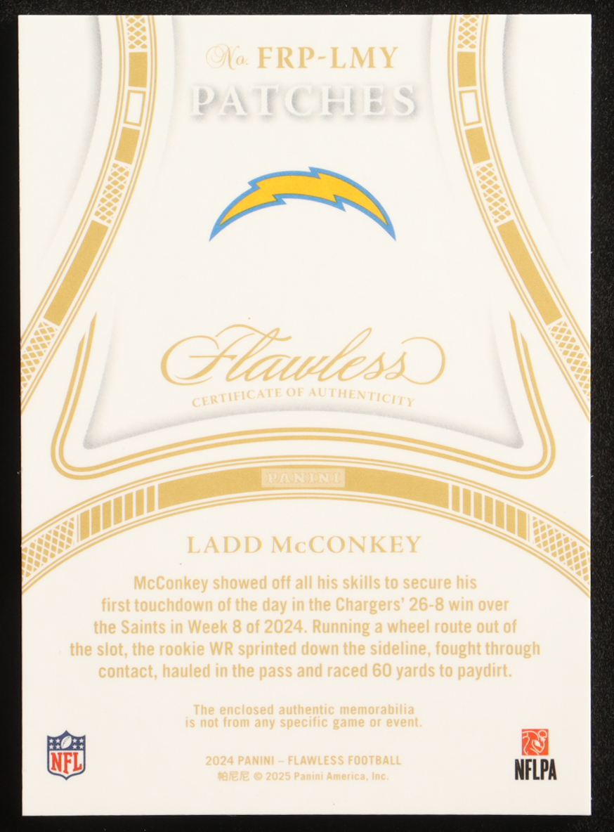Ladd McConkey 2024 Panini Flawless Rookie Patches #18 #02/25 RC at PristineAuction.com Ladd McConkey 2024 Panini Flawless Rookie Patches #18 #02/25 RC at PristineAuction.com