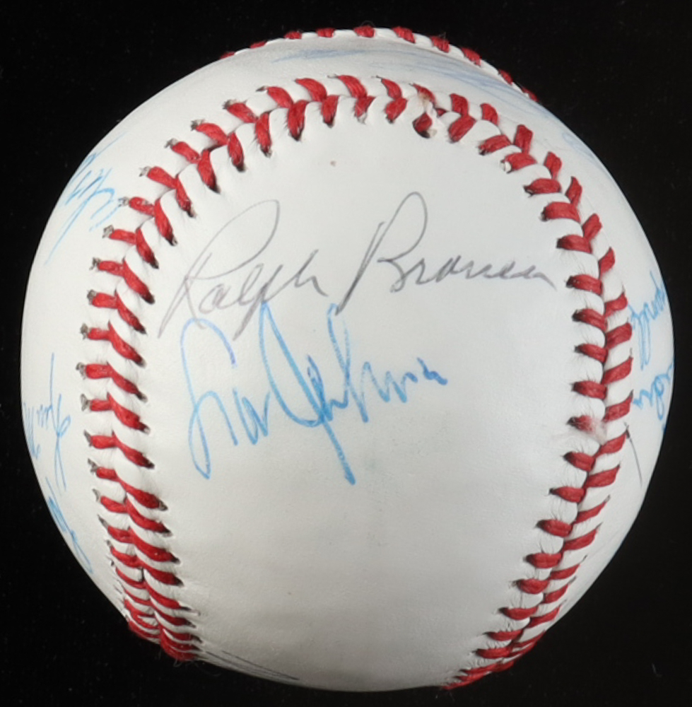 White Leather Baseball Hand-Signed by (15) with Duke Snider, Don Drysdale, Ralph Branca, Ken McMullen (JSA) at PristineAuction.com White Leather Baseball Hand-Signed by (15) with Duke Snider, Don Drysdale, Ralph Branca, Ken McMullen (JSA) at PristineAuction.com