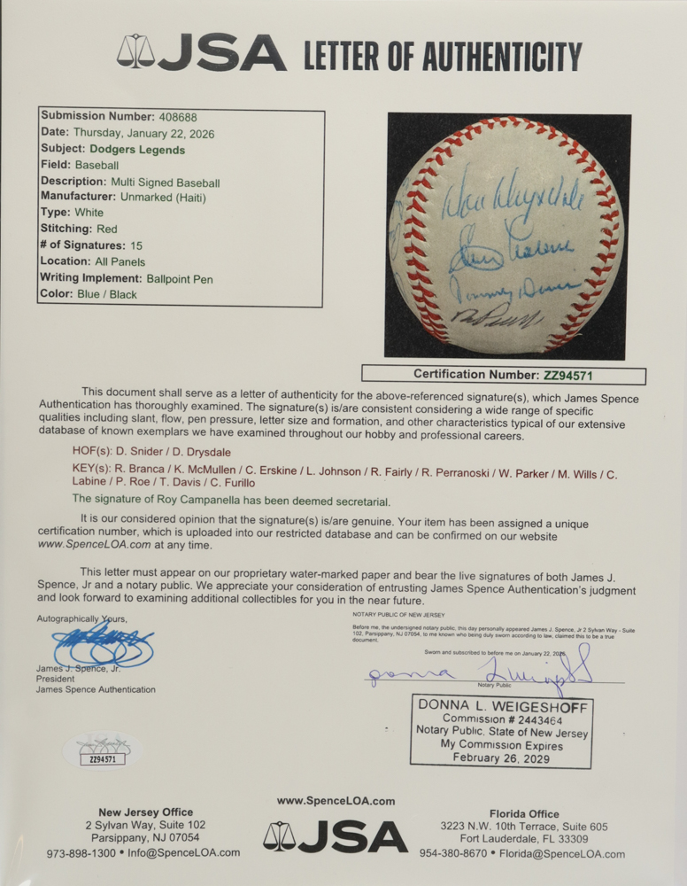 White Leather Baseball Hand-Signed by (15) with Duke Snider, Don Drysdale, Ralph Branca, Ken McMullen (JSA) at PristineAuction.com White Leather Baseball Hand-Signed by (15) with Duke Snider, Don Drysdale, Ralph Branca, Ken McMullen (JSA) at PristineAuction.com