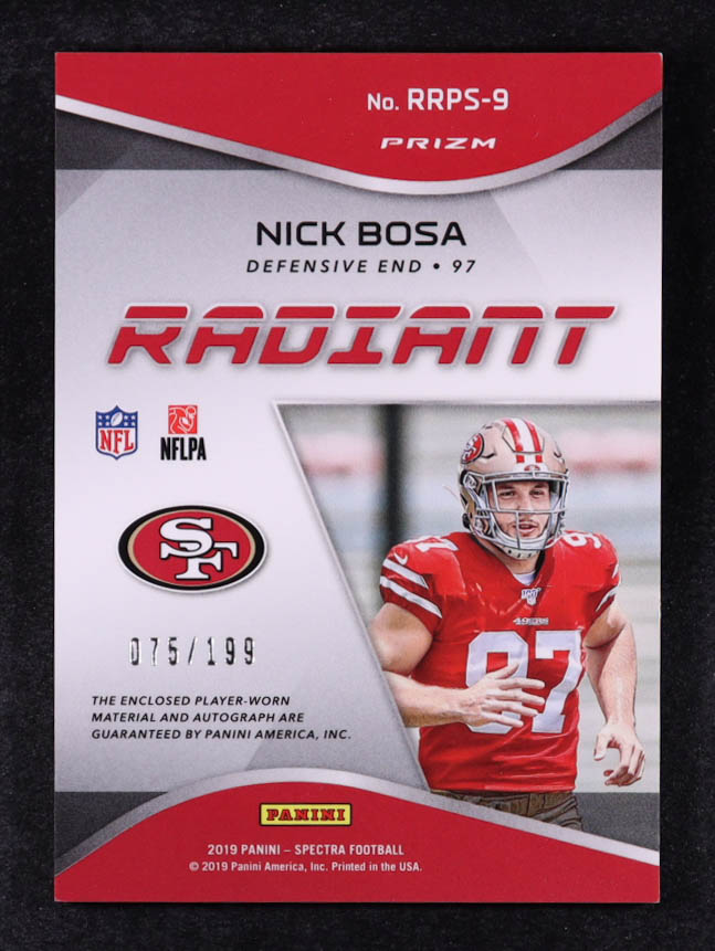 Nick Bosa 2019 Panini Spectra Radiant Rookie Patch Signatures #9 #75/199 RC at PristineAuction.com Nick Bosa 2019 Panini Spectra Radiant Rookie Patch Signatures #9 #75/199 RC at PristineAuction.com