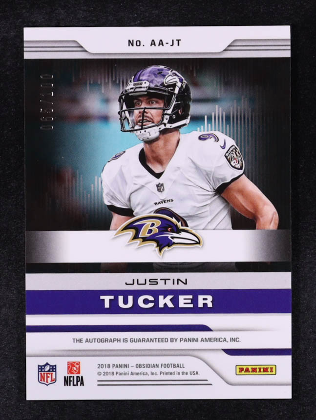 Justin Tucker 2018 Panini Obsidian Aurora Autographs #32 #65/100 at PristineAuction.com Justin Tucker 2018 Panini Obsidian Aurora Autographs #32 #65/100 at PristineAuction.com