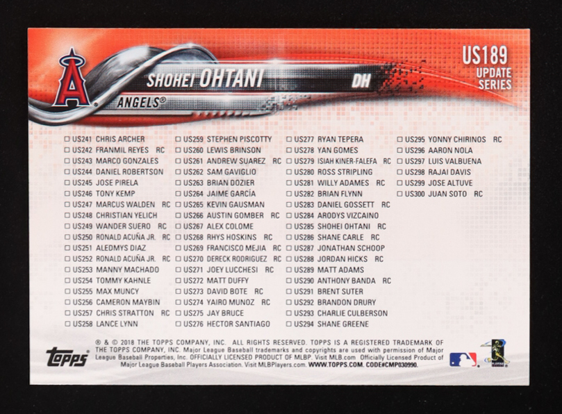 Shohei Ohtani 2018 Topps Update #US189 RC at PristineAuction.com Shohei Ohtani 2018 Topps Update #US189 RC at PristineAuction.com