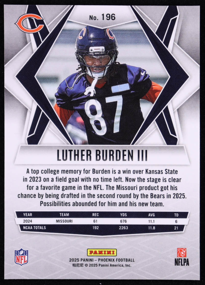 Luther Burden III 2025 Panini Phoenix Silver #196 RC at PristineAuction.com Luther Burden III 2025 Panini Phoenix Silver #196 RC at PristineAuction.com