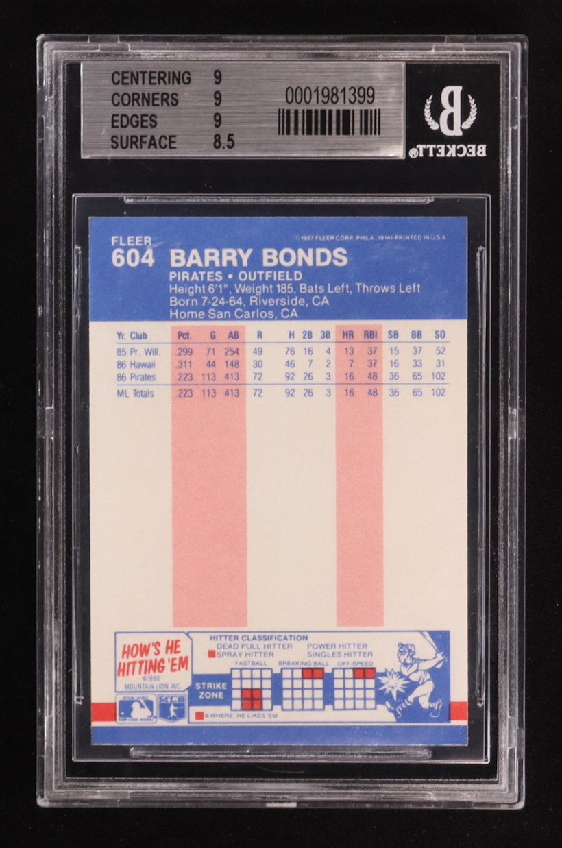 Barry Bonds 1987 Fleer #604 RC (BGS 9) at PristineAuction.com Barry Bonds 1987 Fleer #604 RC (BGS 9) at PristineAuction.com
