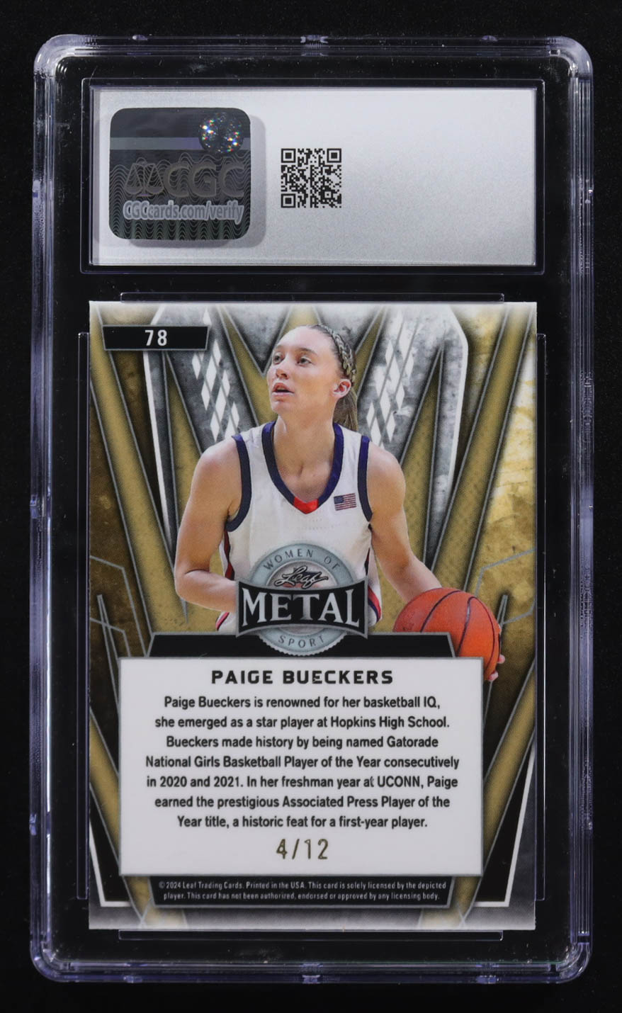 Paige Bueckers 2024 Leaf Metal Women of Sport Prismatic Purple #78 RC #4/12 (CGC 9) at PristineAuction.com Paige Bueckers 2024 Leaf Metal Women of Sport Prismatic Purple #78 RC #4/12 (CGC 9) at PristineAuction.com