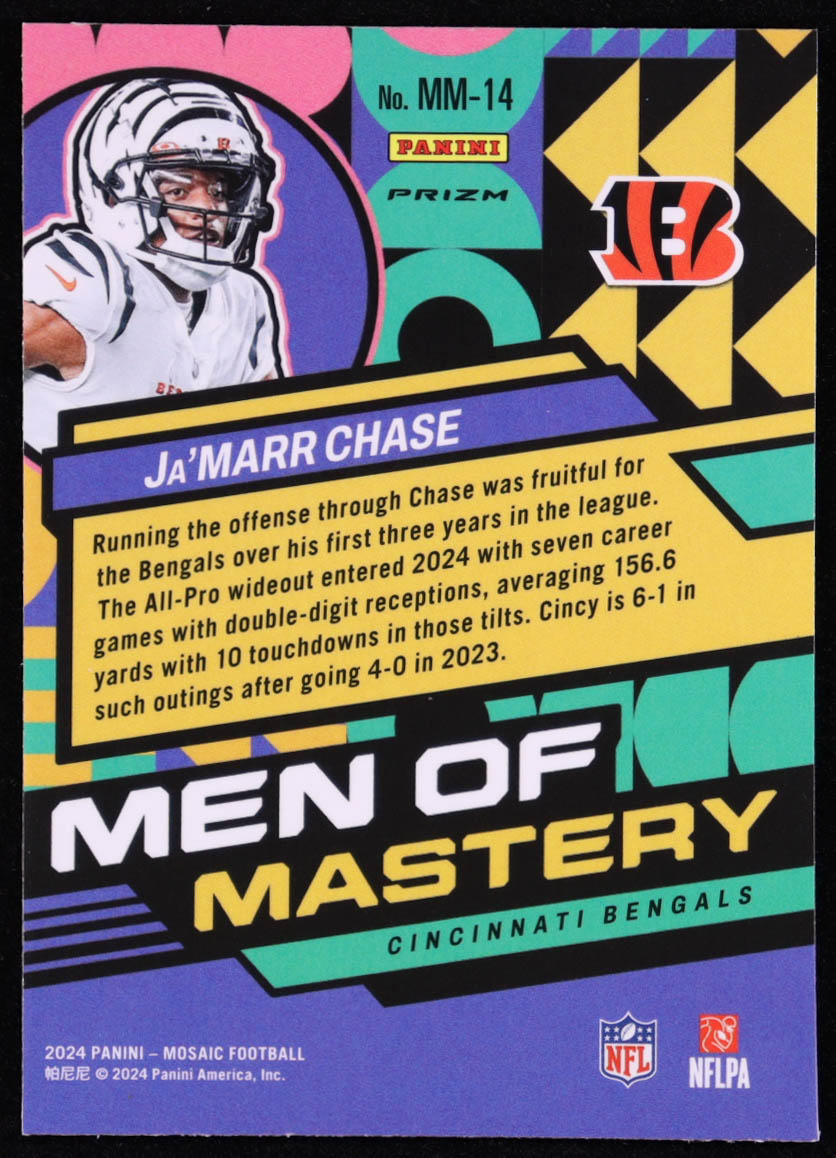 Ja'Marr Chase 2024 Panini Mosaic Men of Mastery No Huddle Silver #14 at PristineAuction.com Ja'Marr Chase 2024 Panini Mosaic Men of Mastery No Huddle Silver #14 at PristineAuction.com