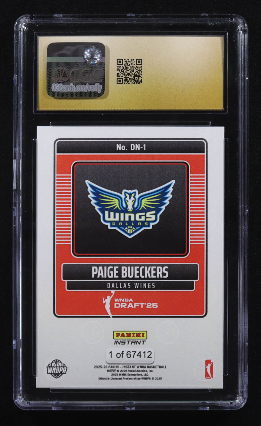 Paige Bueckers 2025-26 Panini Instant WNBA Draft Night #DN-1 RC #1/67412 (CGC 10 | Pristine Black Label) at PristineAuction.com Paige Bueckers 2025-26 Panini Instant WNBA Draft Night #DN-1 RC #1/67412 (CGC 10 | Pristine Black Label) at PristineAuction.com