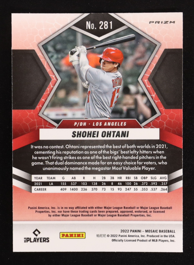 Shohei Ohtani 2022 Panini Mosaic Mosaic Blue Camo #281 AW at PristineAuction.com Shohei Ohtani 2022 Panini Mosaic Mosaic Blue Camo #281 AW at PristineAuction.com