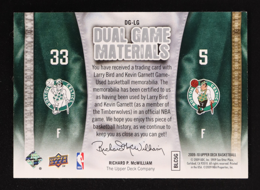 Kevin Garnett / Larry Bird 2009-10 Upper Deck Game Materials Dual #DGLG at PristineAuction.com Kevin Garnett / Larry Bird 2009-10 Upper Deck Game Materials Dual #DGLG at PristineAuction.com