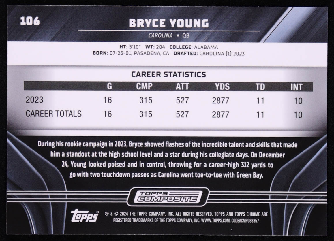 Bryce Young 2023-24 Topps Composite Chrome Black #106 RC at PristineAuction.com Bryce Young 2023-24 Topps Composite Chrome Black #106 RC at PristineAuction.com