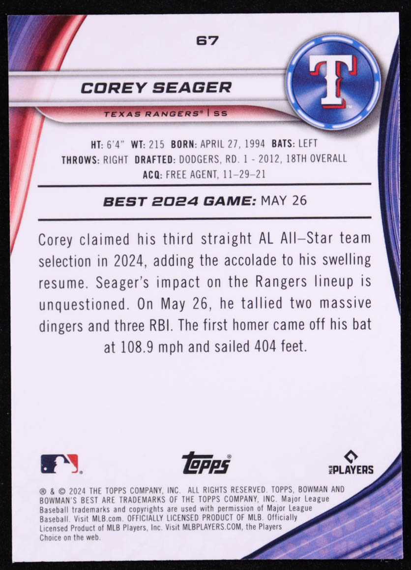 Corey Seager 2024 Bowman's Best Wave Refractors #67 at PristineAuction.com Corey Seager 2024 Bowman's Best Wave Refractors #67 at PristineAuction.com