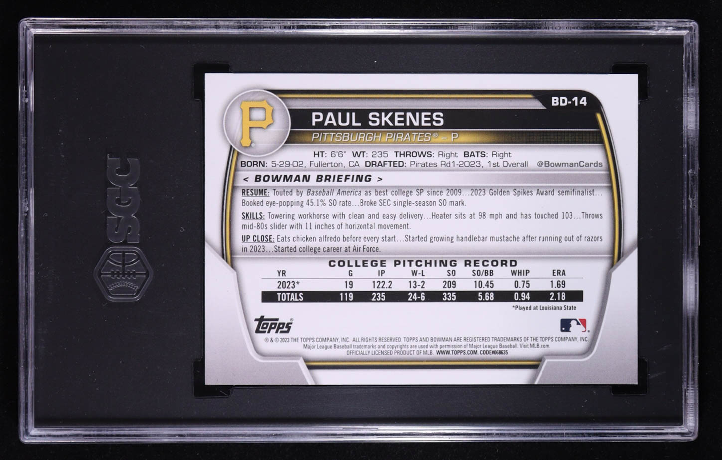 Paul Skenes 2023 Bowman Draft #BD14 RC (SGC 10) at PristineAuction.com Paul Skenes 2023 Bowman Draft #BD14 RC (SGC 10) at PristineAuction.com