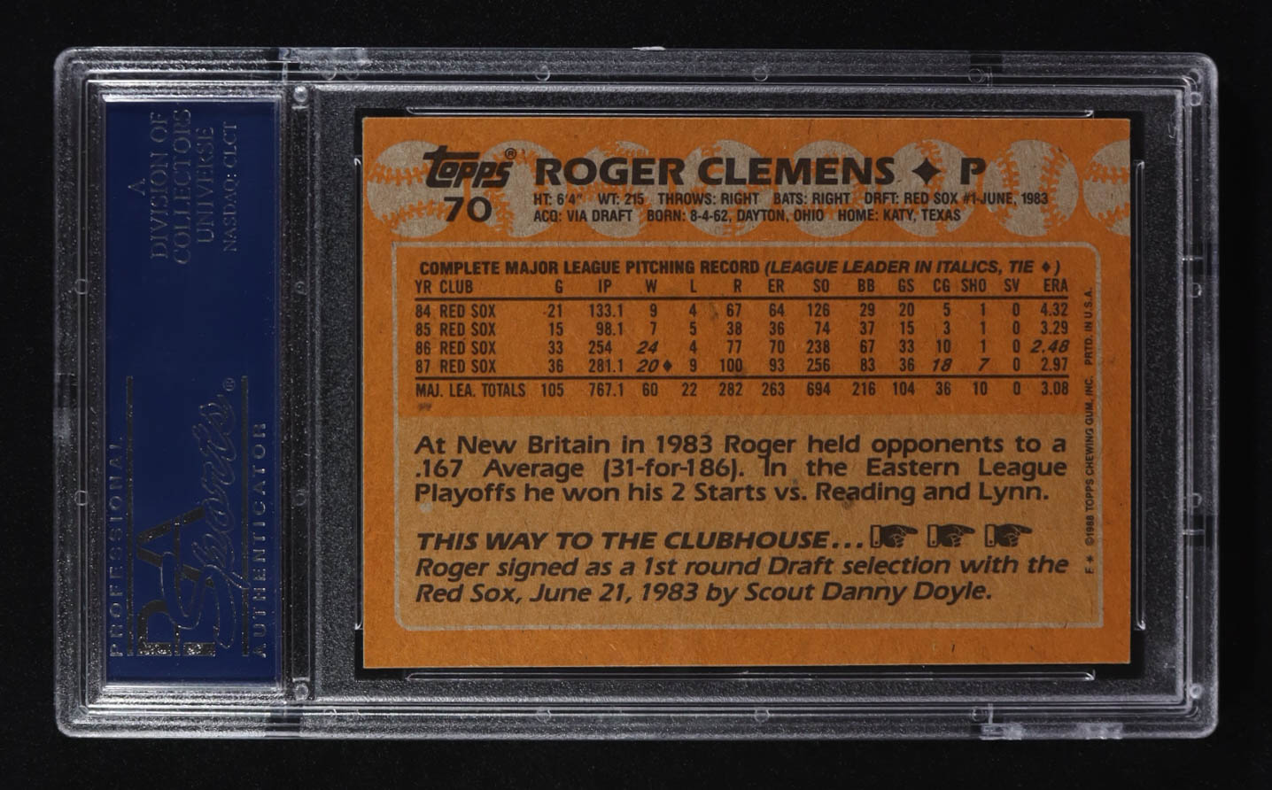 Roger Clemens 1988 Topps #70 (PSA 9) at PristineAuction.com Roger Clemens 1988 Topps #70 (PSA 9) at PristineAuction.com
