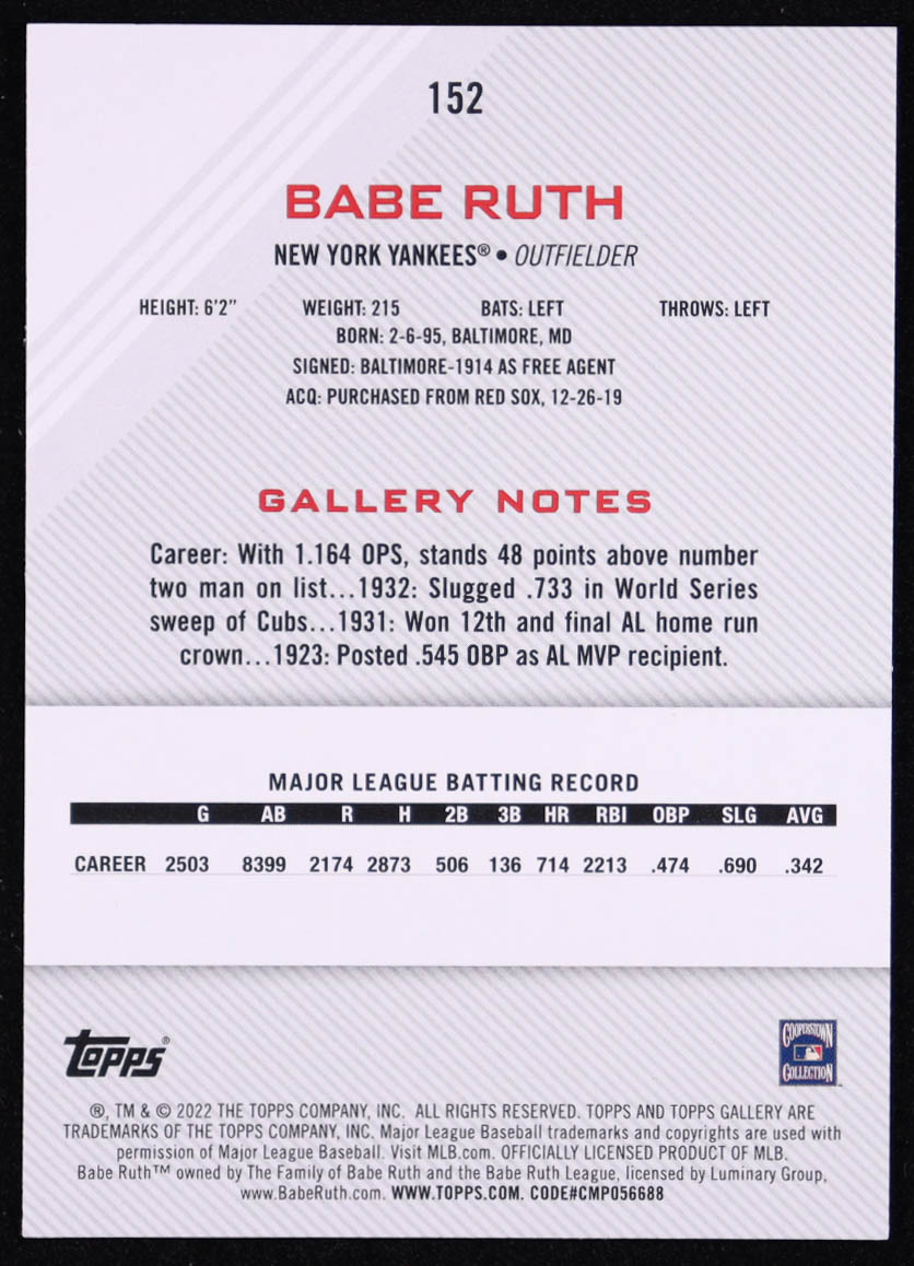 Babe Ruth 2022 Topps Gallery Printer Proofs #152 at PristineAuction.com Babe Ruth 2022 Topps Gallery Printer Proofs #152 at PristineAuction.com