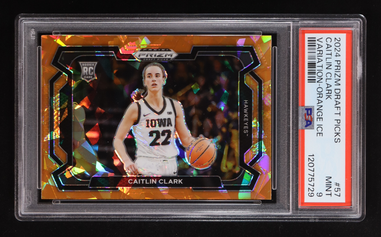 Caitlin Clark 2024-25 Panini Prizm Draft Picks Variation Prizms Orange Ice #57 RC (PSA 9) at PristineAuction.com Caitlin Clark 2024-25 Panini Prizm Draft Picks Variation Prizms Orange Ice #57 RC (PSA 9) at PristineAuction.com
