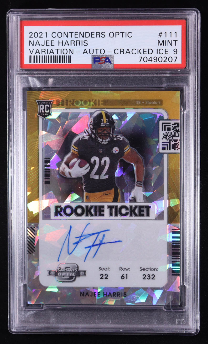 Najee Harris 2021 Panini Contenders Optic Rookie Ticket Variation Autographs Cracked Ice #111 #06/22 RC (PSA 9) at PristineAuction.com Najee Harris 2021 Panini Contenders Optic Rookie Ticket Variation Autographs Cracked Ice #111 #06/22 RC (PSA 9) at PristineAuction.com