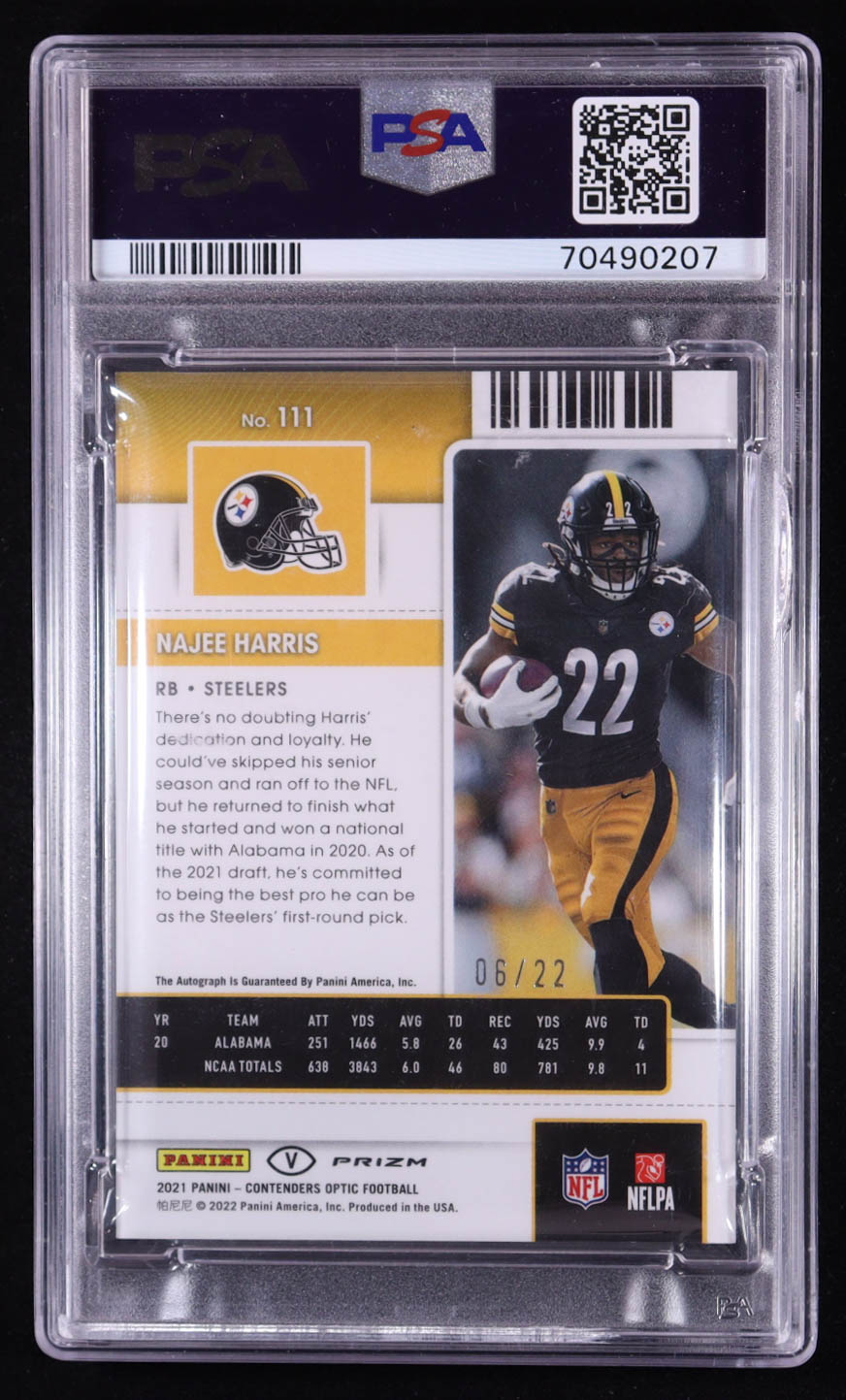 Najee Harris 2021 Panini Contenders Optic Rookie Ticket Variation Autographs Cracked Ice #111 #06/22 RC (PSA 9) at PristineAuction.com Najee Harris 2021 Panini Contenders Optic Rookie Ticket Variation Autographs Cracked Ice #111 #06/22 RC (PSA 9) at PristineAuction.com