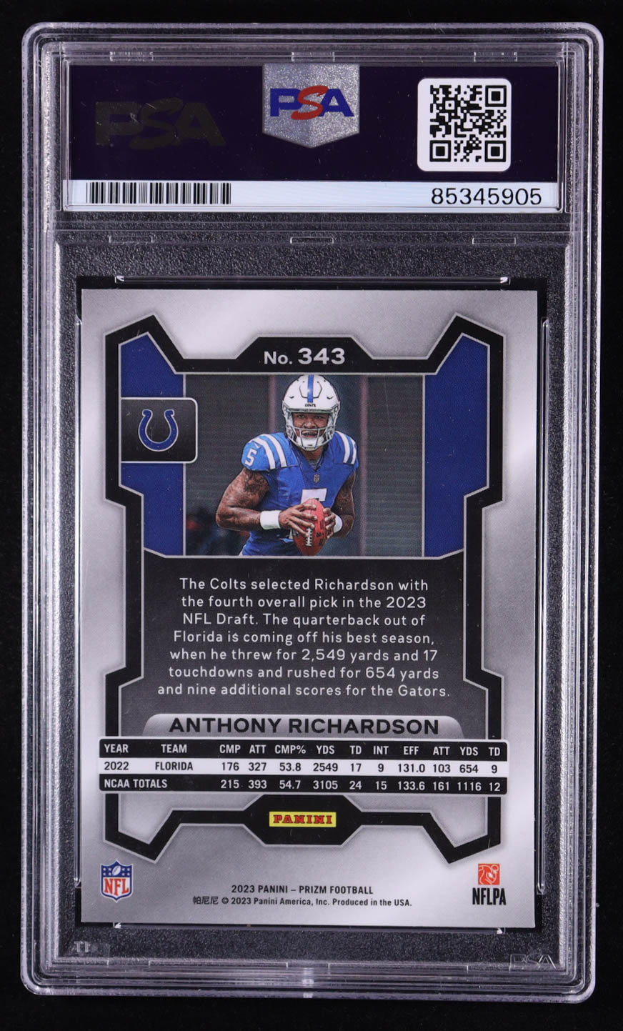 Anthony Richardson Signed 2023 Panini Prizm #343 RC (PSA Encapsulated) at PristineAuction.com Anthony Richardson Signed 2023 Panini Prizm #343 RC (PSA Encapsulated) at PristineAuction.com