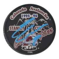 Adam Foote Signed Avalanche 1995-96 Stanley Cup Champions Logo Hockey Puck (JSA) at PristineAuction.com